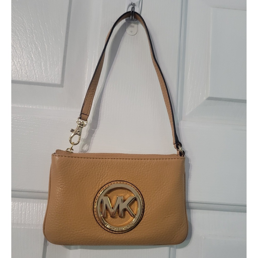 Michael Kors‎ Fulton Mustard Pebbled Leather Wristlet Clutch Gold MK Logo Zip